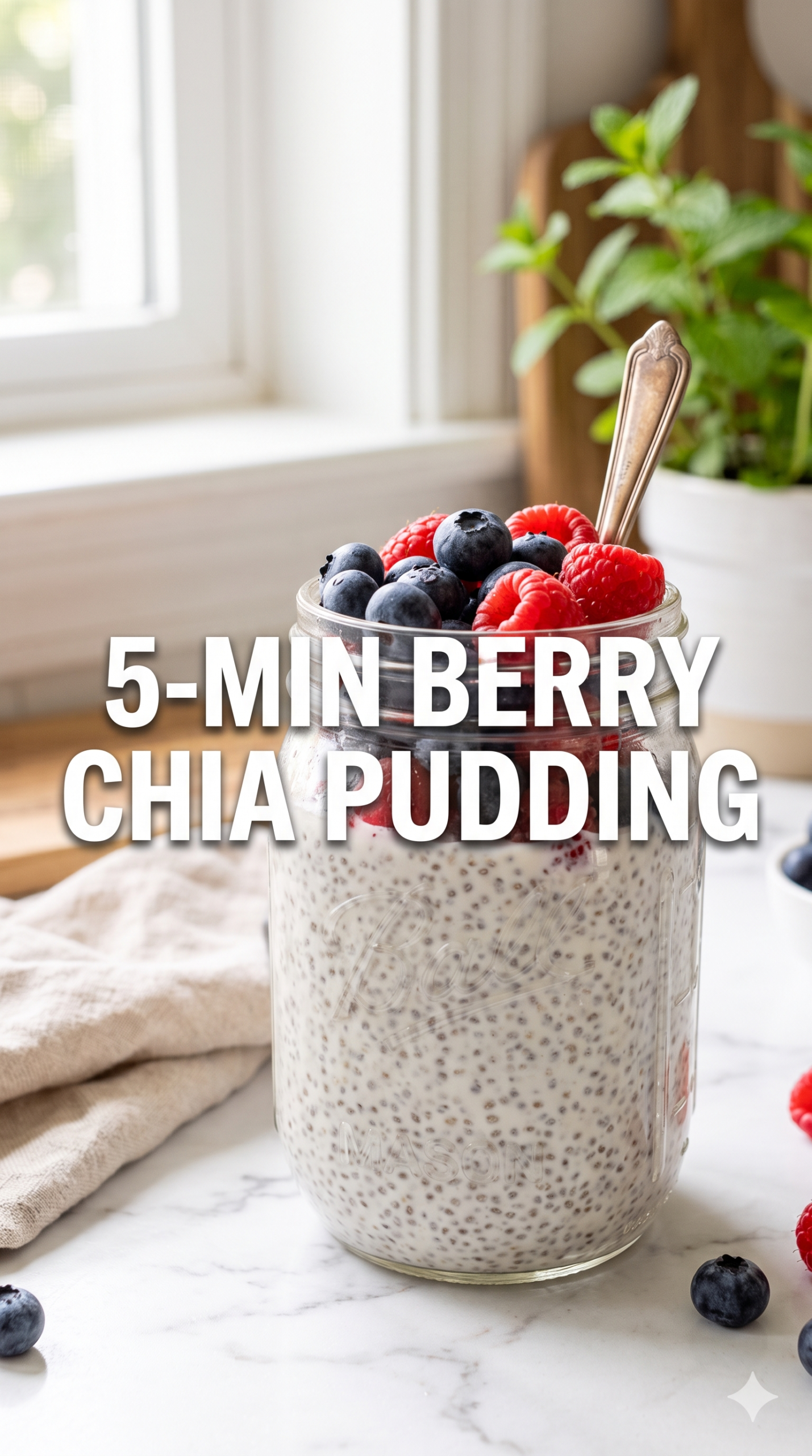 A close-up of a glass jar filled with creamy chia pudding, topped with fresh vibrant anti-inflammatory berries. The text overlay says 5-Minute Anti-Inflammatory Berry Chia Pudding. Perfect for gut health and natural joint pain relief.