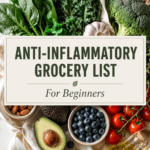 Anti-inflammatory grocery list for beginners featuring fresh greens, healthy fats, and fruits.