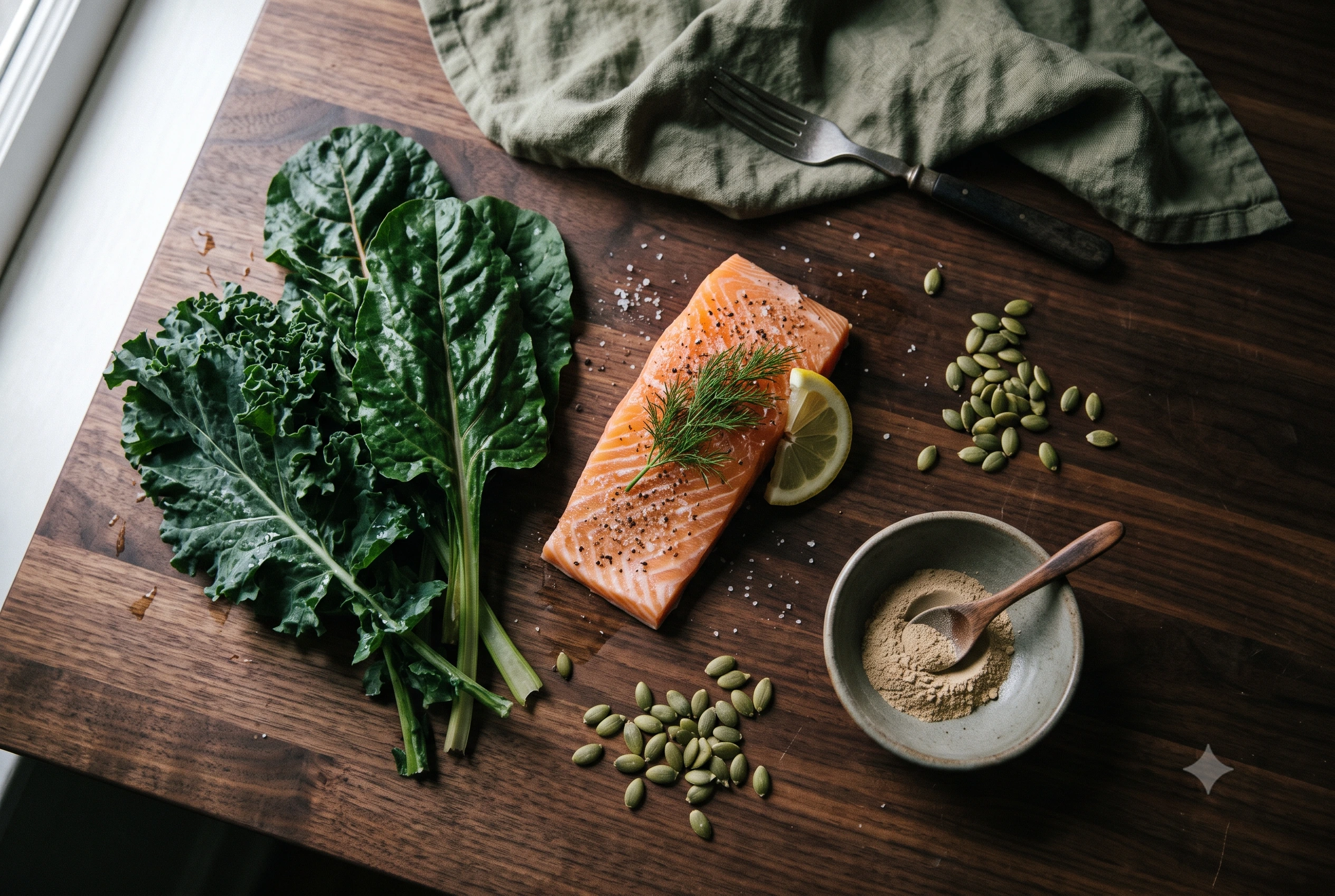 cortisol diet food list flat lay with salmon and greens