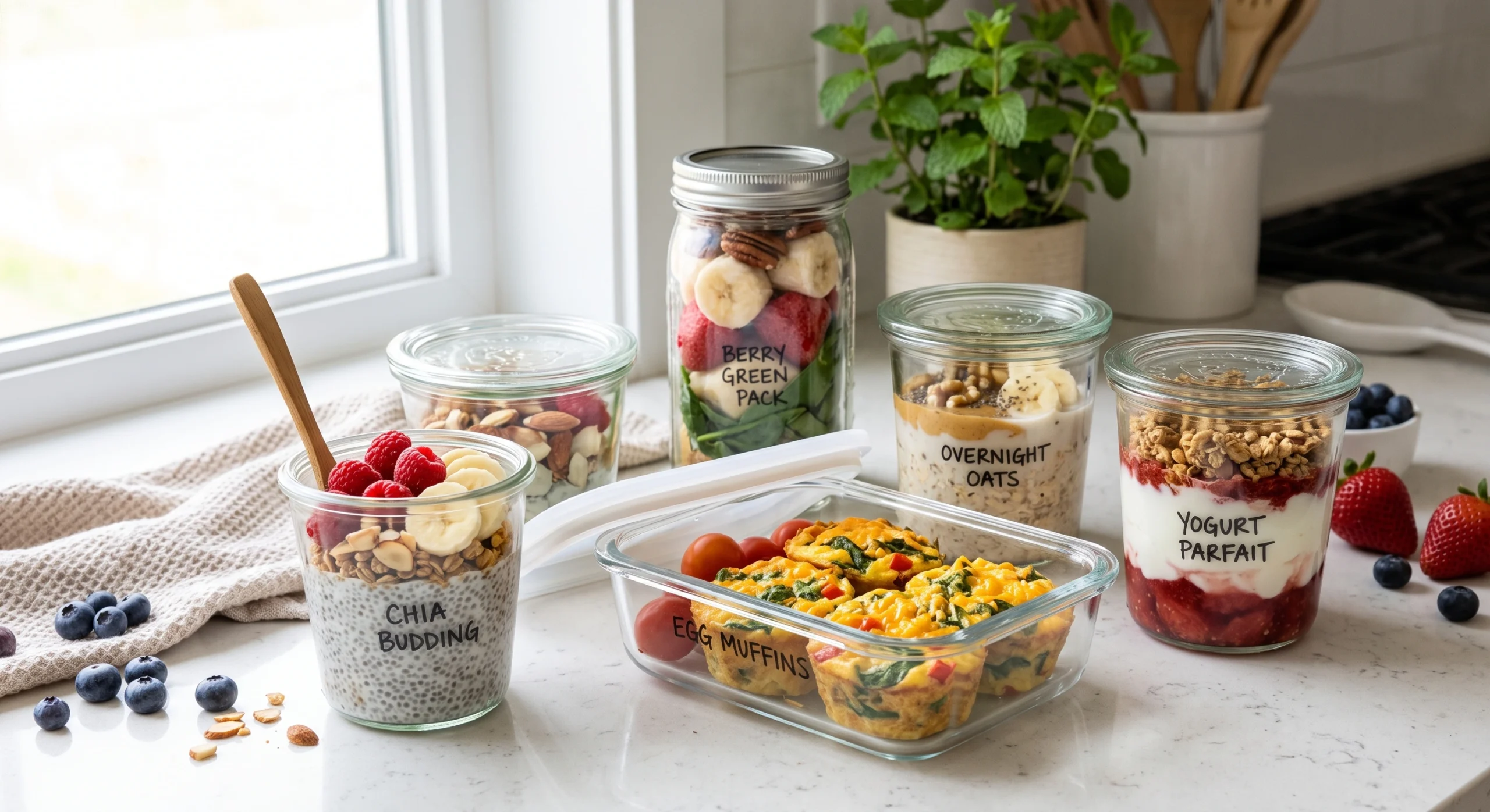 five glass jars and containers of make-ahead breakfasts, including chia pudding, egg muffins, and a smoothie pack, on a countertop