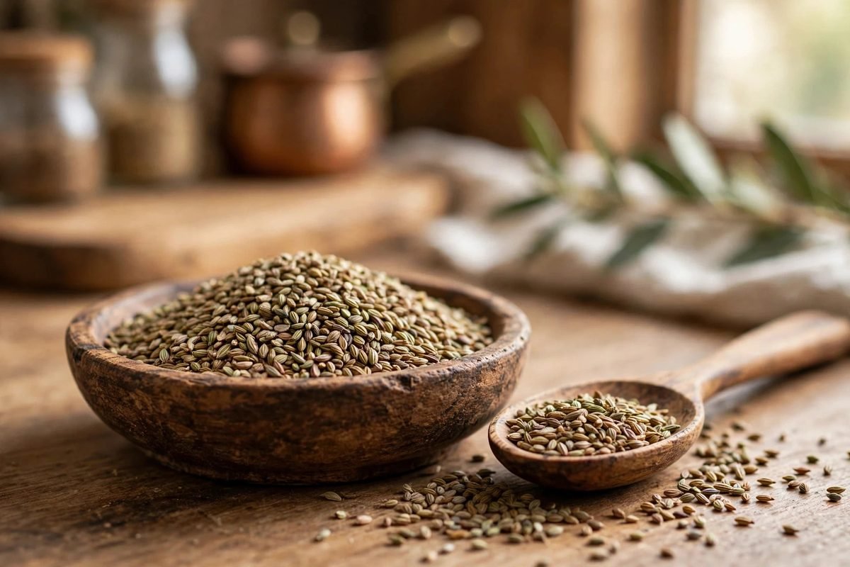 Close-up of ajwain carom seeds in a small wooden bowl with a spoon