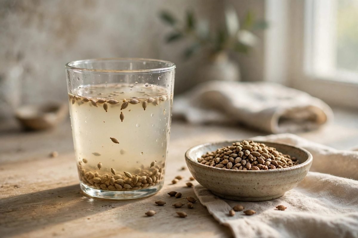 Glass of overnight-soaked ajwain water on a kitchen counter in morning light