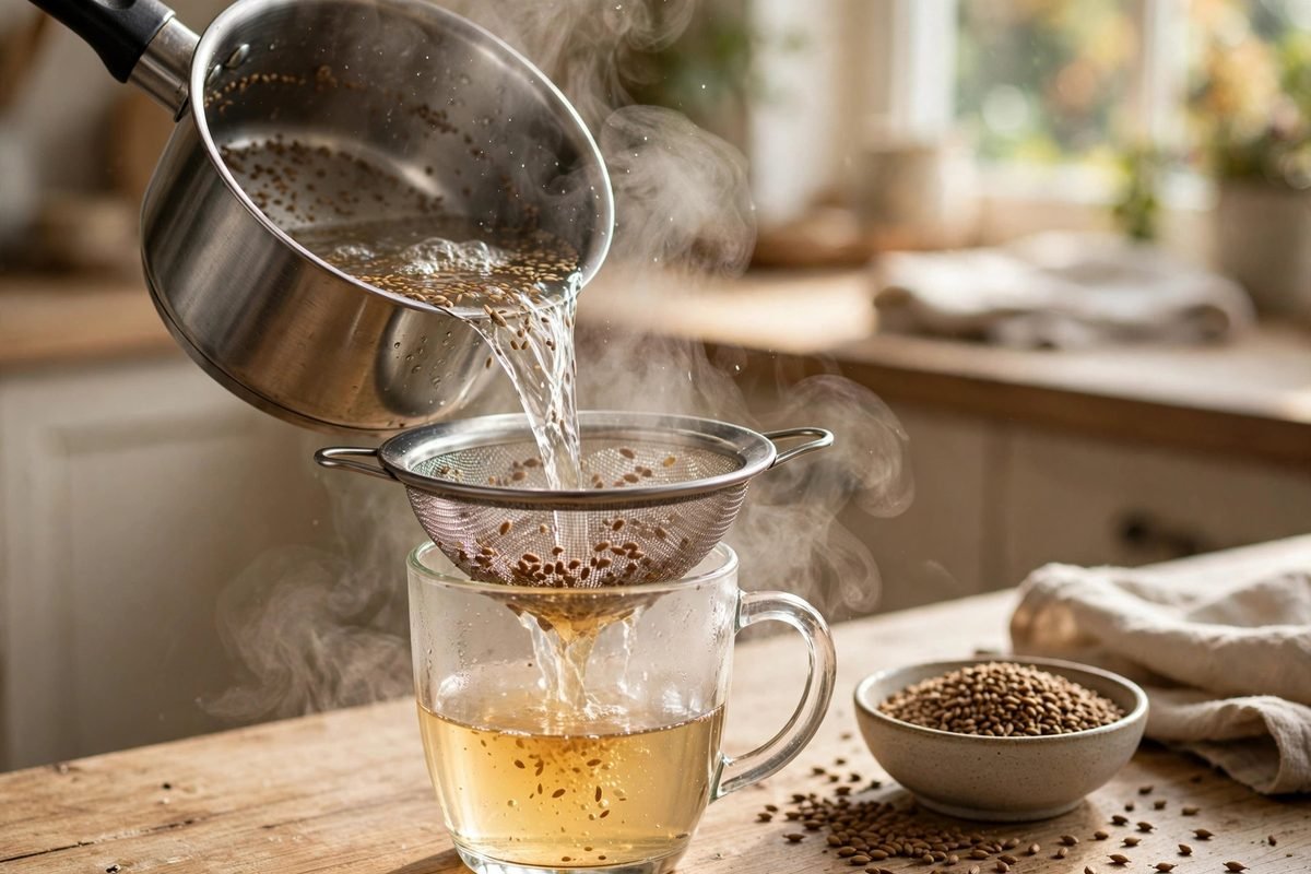 Boiled ajwain water being strained through a fine mesh strainer into a glass mug