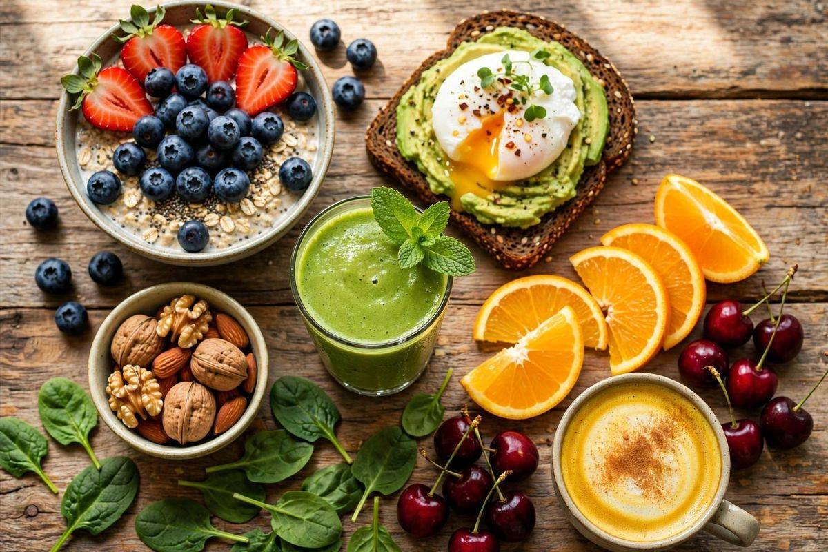 Colorful anti-inflammatory breakfast spread with overnight oats, avocado toast with egg, a green smoothie, berries, nuts and a turmeric latte on a wooden table