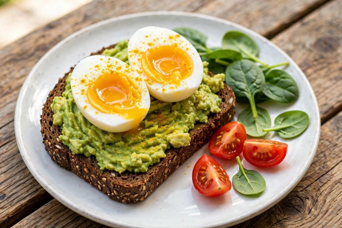 Avocado toast on dark rye bread topped with a halved soft-boiled egg, a sprinkle of turmeric, spinach and cherry tomatoes