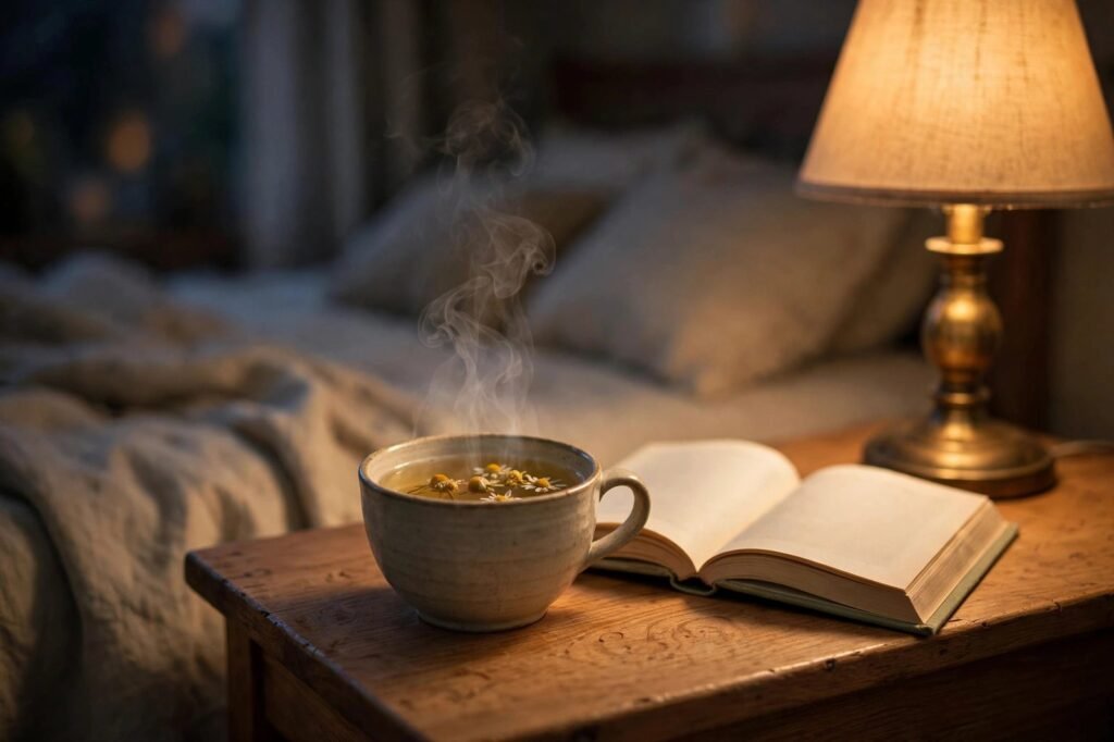 A steaming cup of chamomile tea on a bedside table next to an open book in warm lamplight