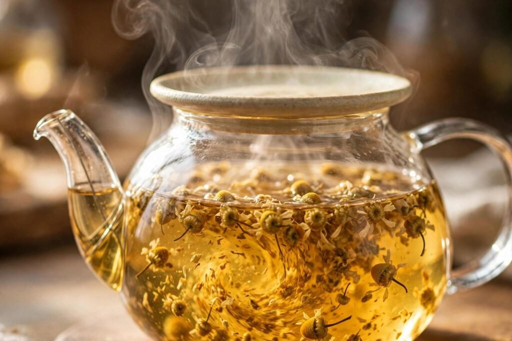 Dried chamomile flowers steeping in a covered clear glass teapot with steam rising