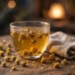 A steaming glass cup of golden chamomile tea with dried flowers on a rustic wooden table in warm evening light