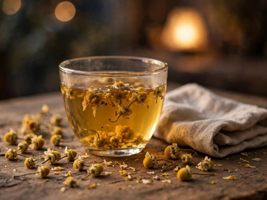 A steaming glass cup of golden chamomile tea with dried flowers on a rustic wooden table in warm evening light