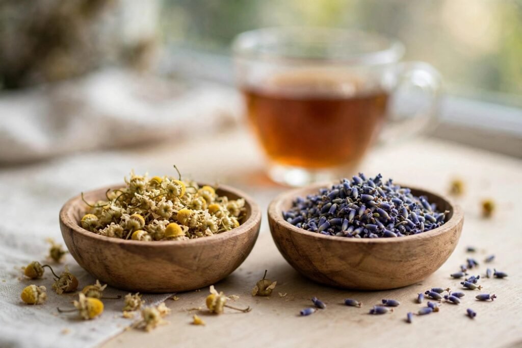 Small wooden bowls of dried chamomile flowers and culinary lavender buds with tea in the background