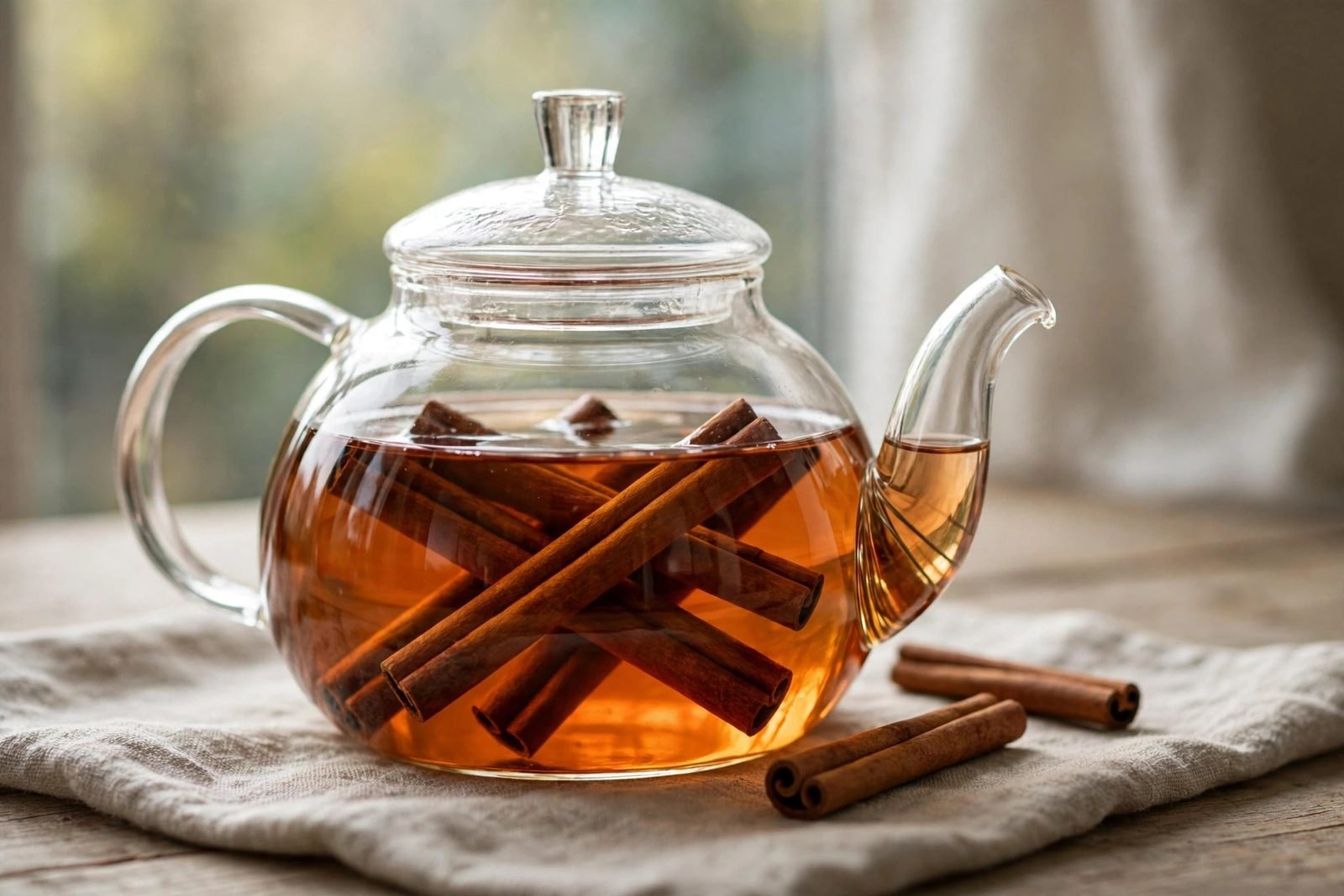 Cinnamon sticks steeping in a glass teapot, the water turning a warm amber color