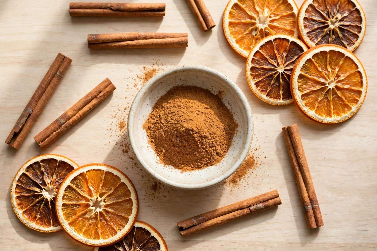 Flat-lay of cinnamon sticks, ground cinnamon in a small bowl, and dried orange slices