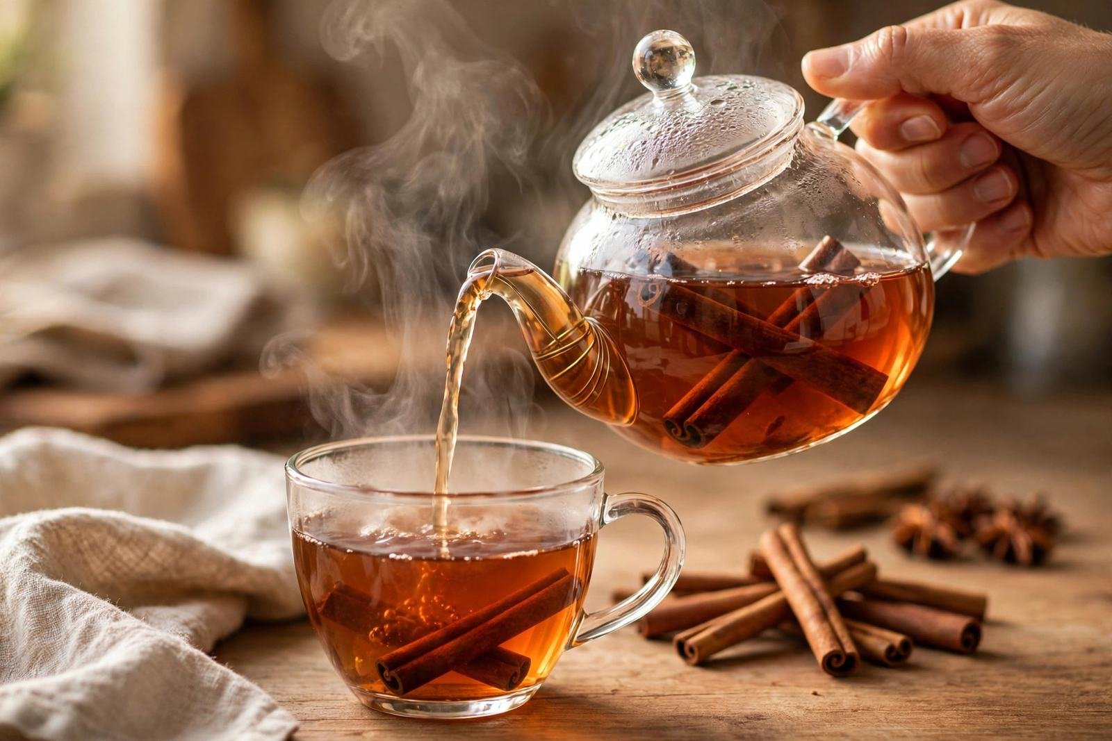 Hand pouring steaming cinnamon tea from a glass teapot into a clear cup