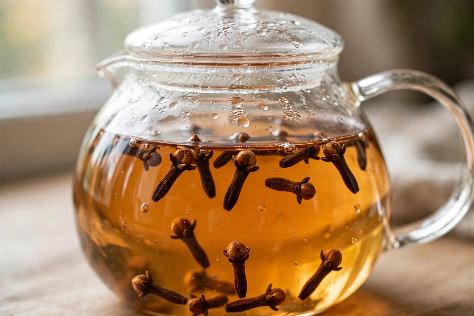 Whole cloves steeping in a clear glass teapot, warm amber tea forming around them