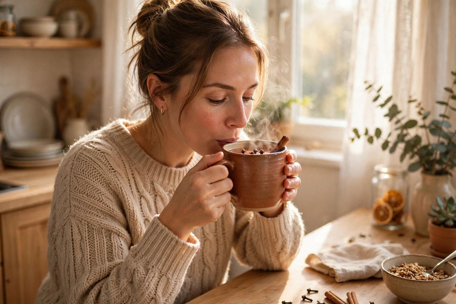 Woman enjoying a steaming cup of clove tea in a bright, cozy kitchen