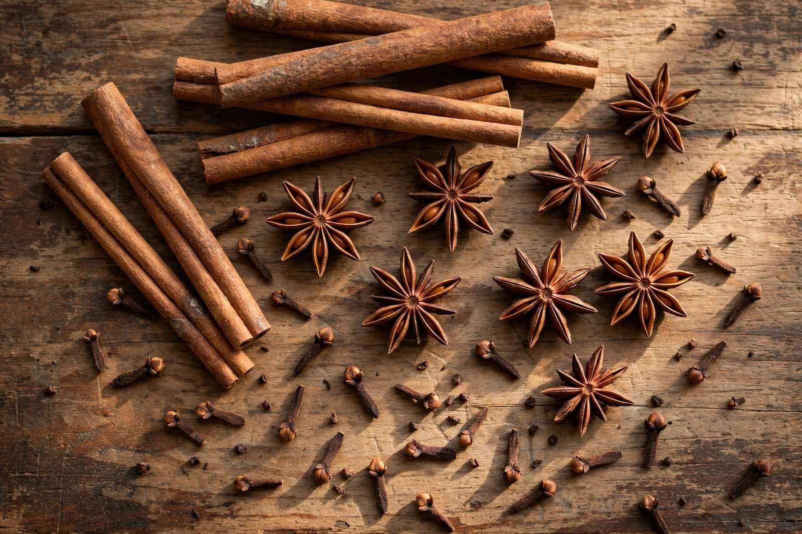 Flat-lay of whole cloves, cinnamon sticks, and star anise on a rustic wooden table