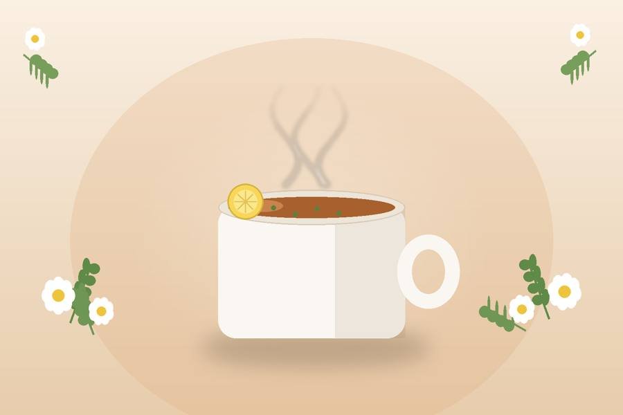A steaming mug of cortisol tea with chamomile and lemon, illustration