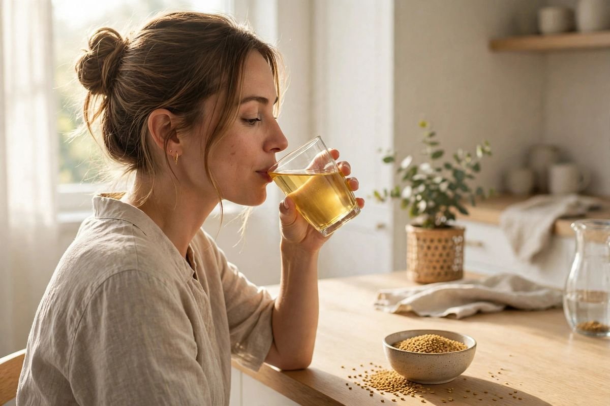 Woman drinking golden fenugreek water in a bright kitchen as part of her morning routine