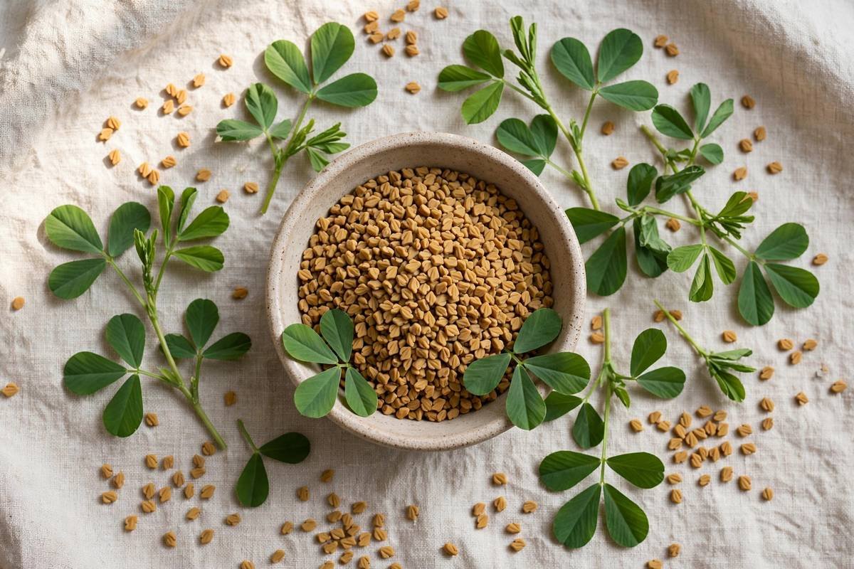 Fenugreek seeds in a bowl surrounded by fresh fenugreek leaves, top-down flat-lay