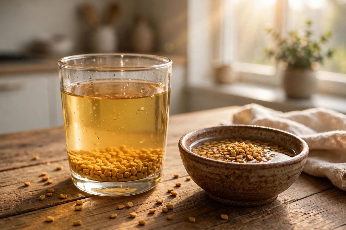 Glass of golden fenugreek water with a bowl of soaked methi seeds in warm morning light
