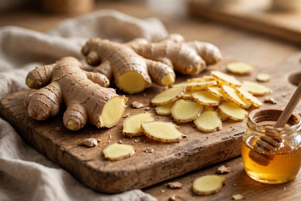 Fresh ginger root pieces and slices on a cutting board with a honey jar