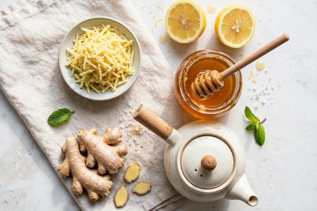 Ginger tea ingredients laid out: grated ginger, lemon halves, honey dipper and teapot