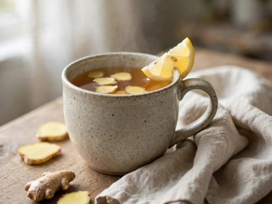 Ceramic mug of fresh ginger tea with ginger slices and lemon wedge