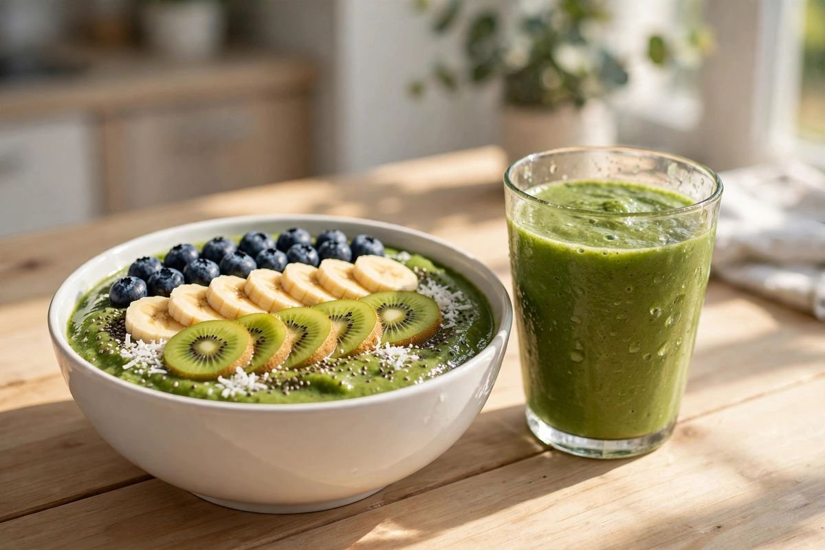 Green smoothie bowl topped with neat rows of blueberries, sliced banana, kiwi, chia seeds and shredded coconut