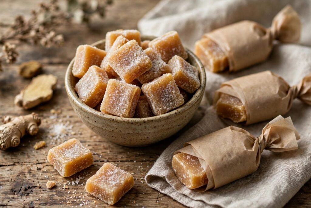 Bowl of homemade ginger chews dusted with sugar