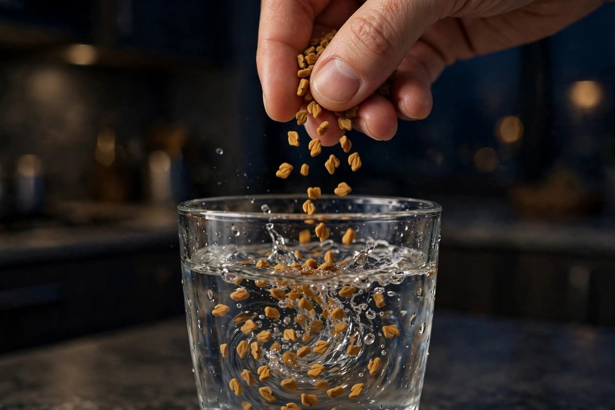 Close-up of fenugreek seeds being dropped into a glass of water for an overnight soak