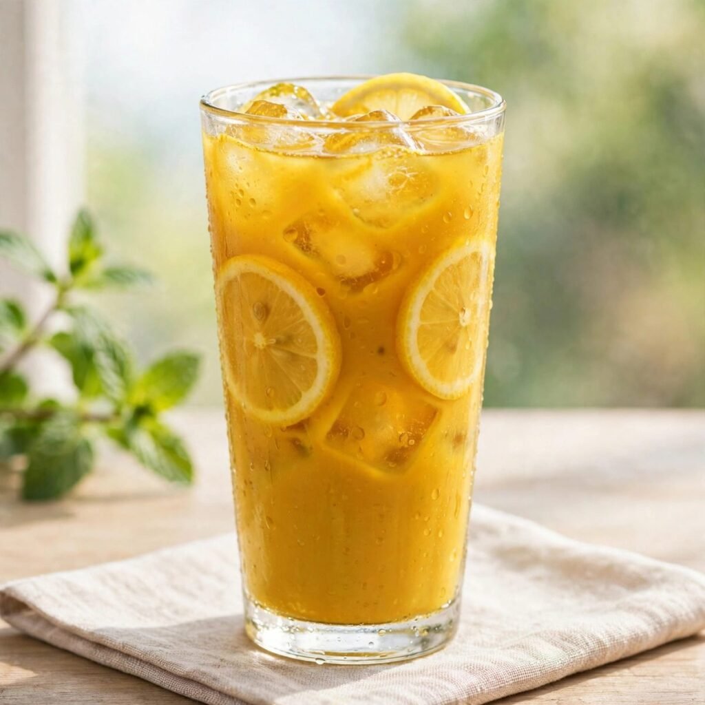 Tall glass of iced turmeric tea with lemon slices and ice