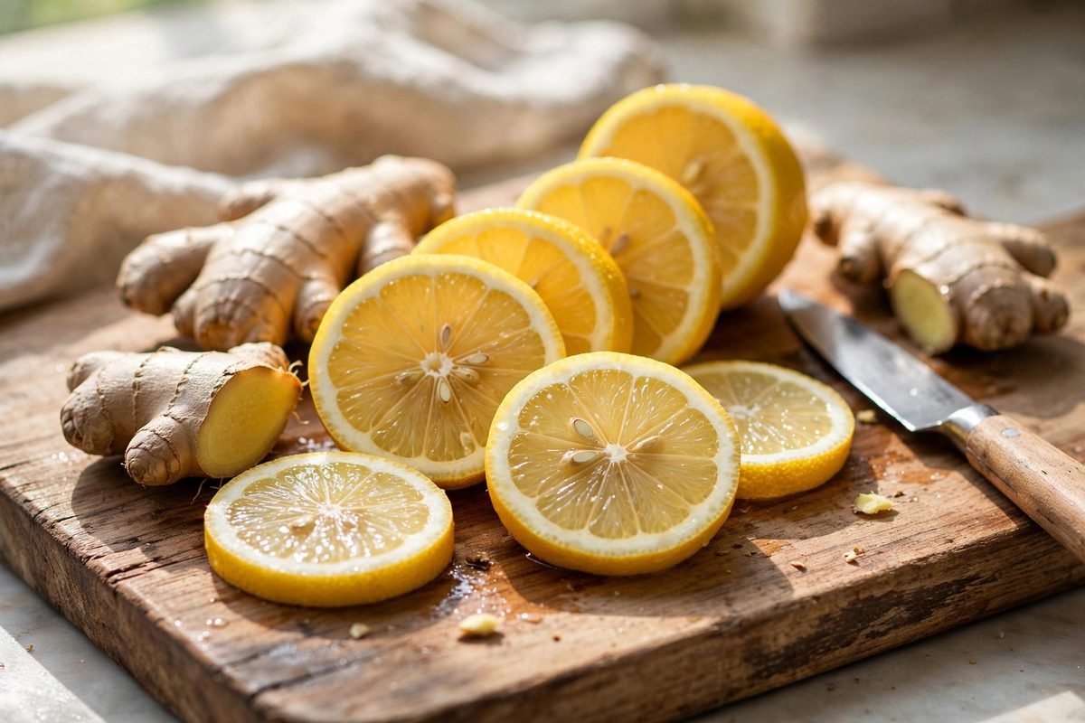 Sliced lemons and fresh ginger root on a wooden cutting board