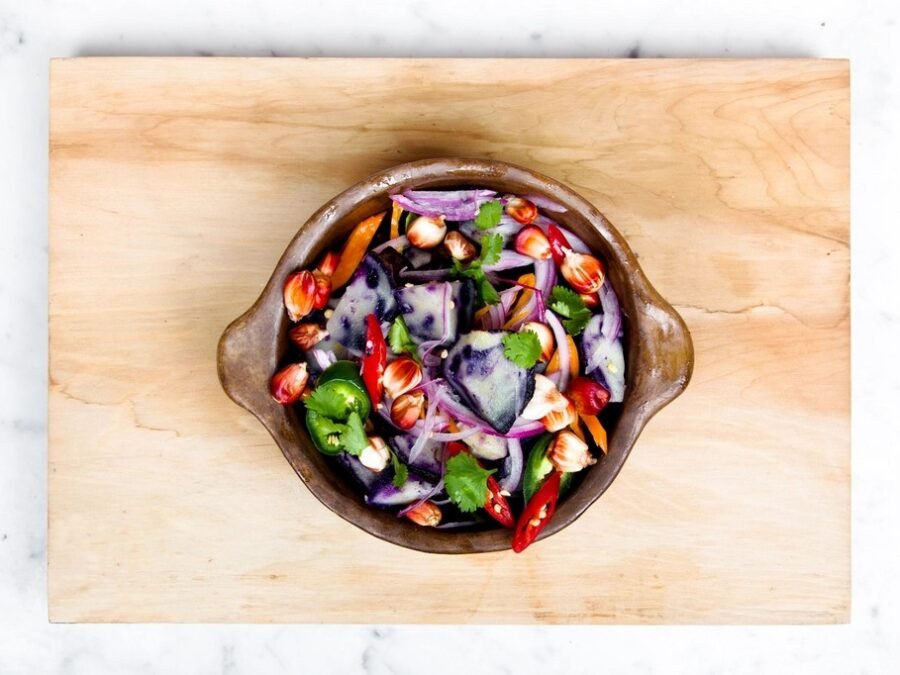 Overhead shot of a colorful vegetable salad bowl
