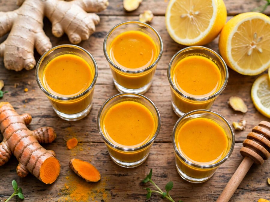 homemade ginger shot recipe in small glasses with fresh ginger lemon and turmeric