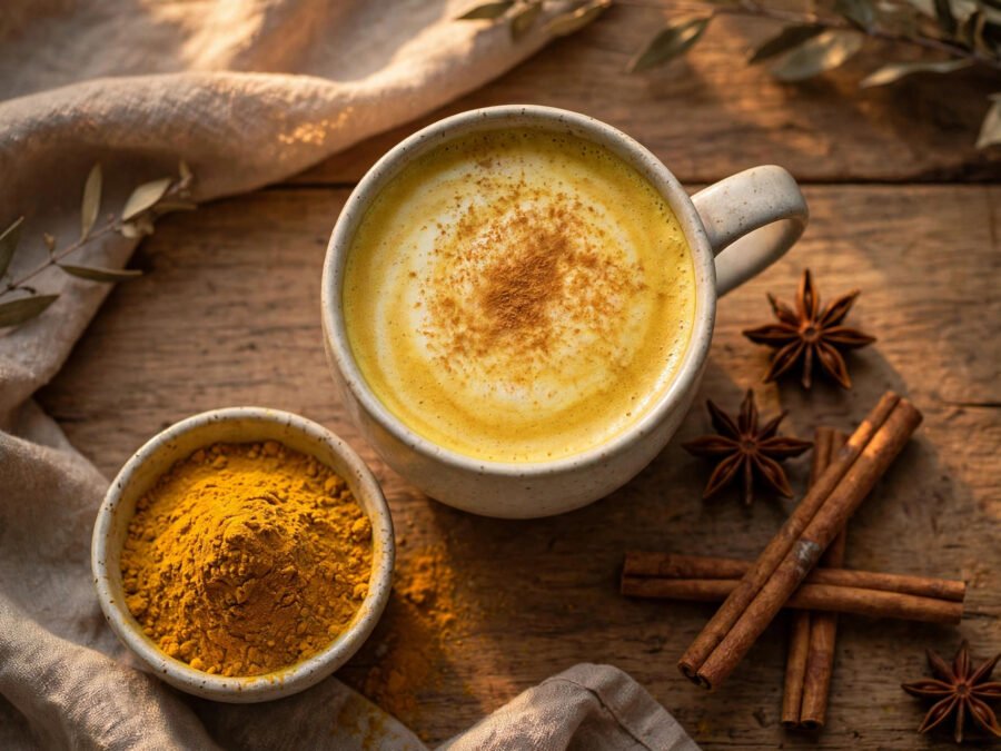creamy golden milk turmeric latte in a mug dusted with cinnamon