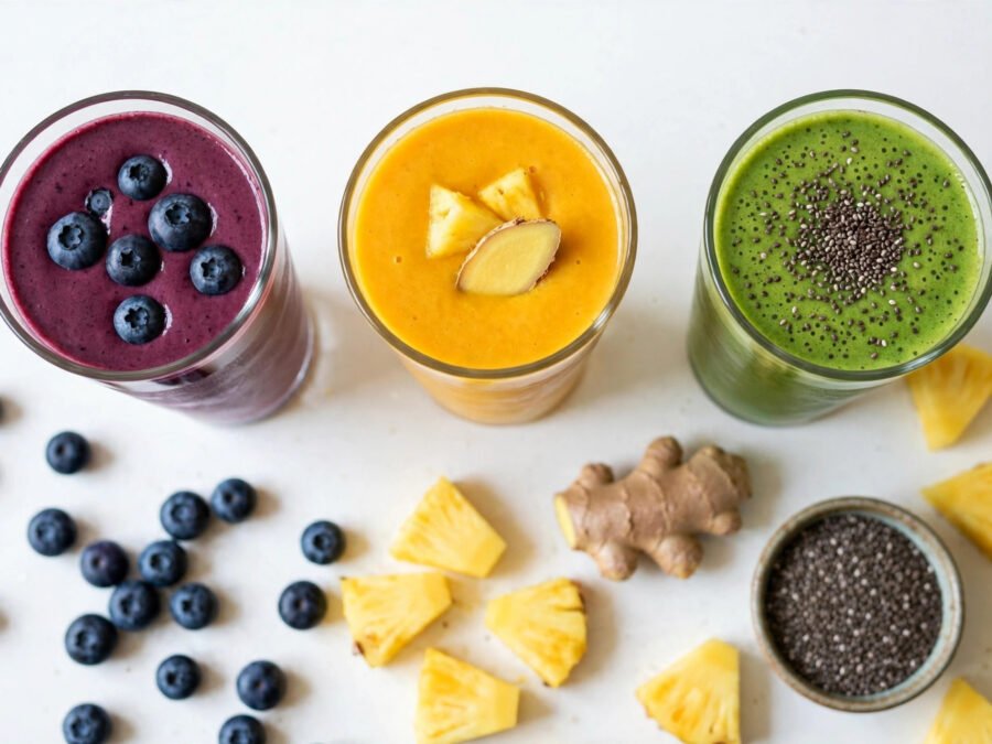 three colorful anti-inflammatory smoothies in berry turmeric and green flavors