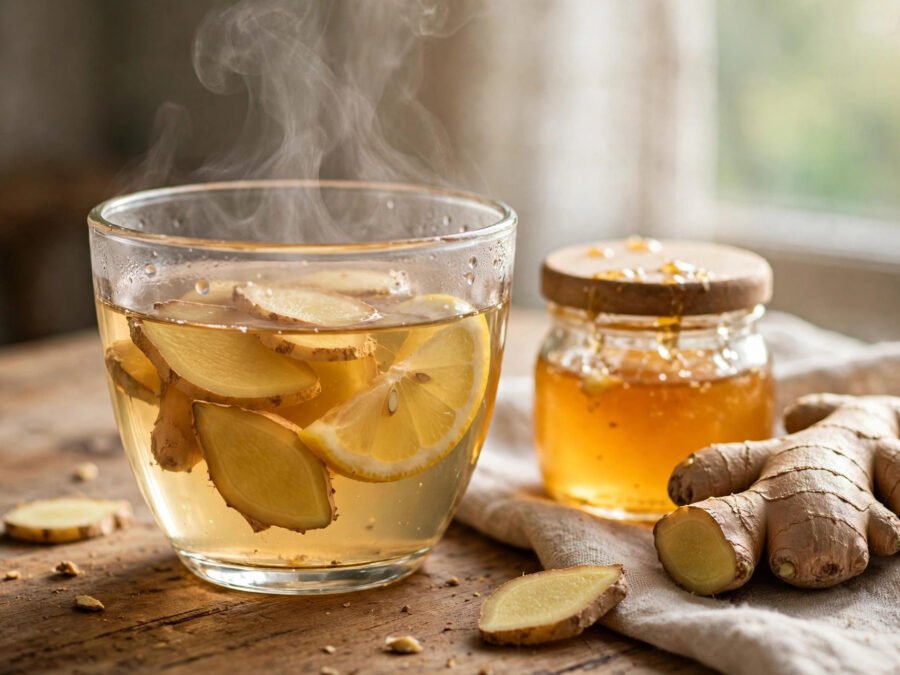 cup of fresh ginger tea for bloating with ginger slices and lemon