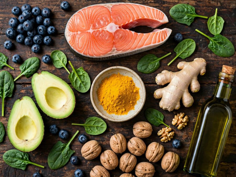 anti-inflammatory foods list flat lay with berries salmon avocado and greens