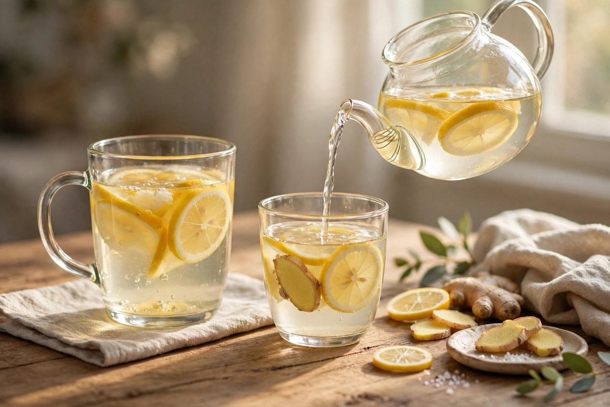 Warm lemon water and ginger lemon water served on a breakfast table in morning sunlight