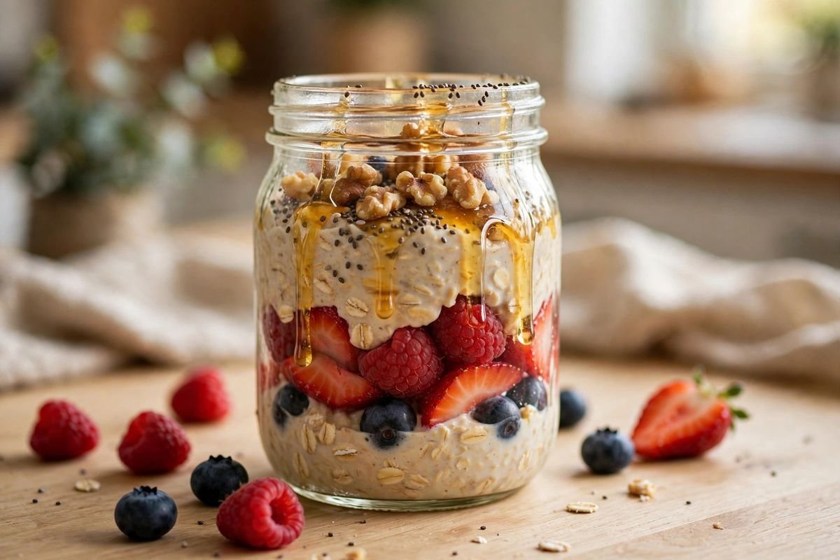 Glass jar of overnight oats topped with blueberries, raspberries, walnuts, chia seeds and a drizzle of honey