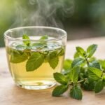 A glass cup of fresh peppermint tea with mint leaves and steam on a wooden table in natural daylight