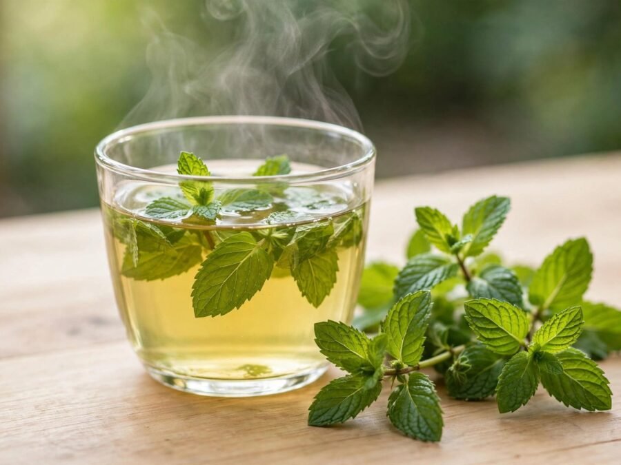 A glass cup of fresh peppermint tea with mint leaves and steam on a wooden table in natural daylight