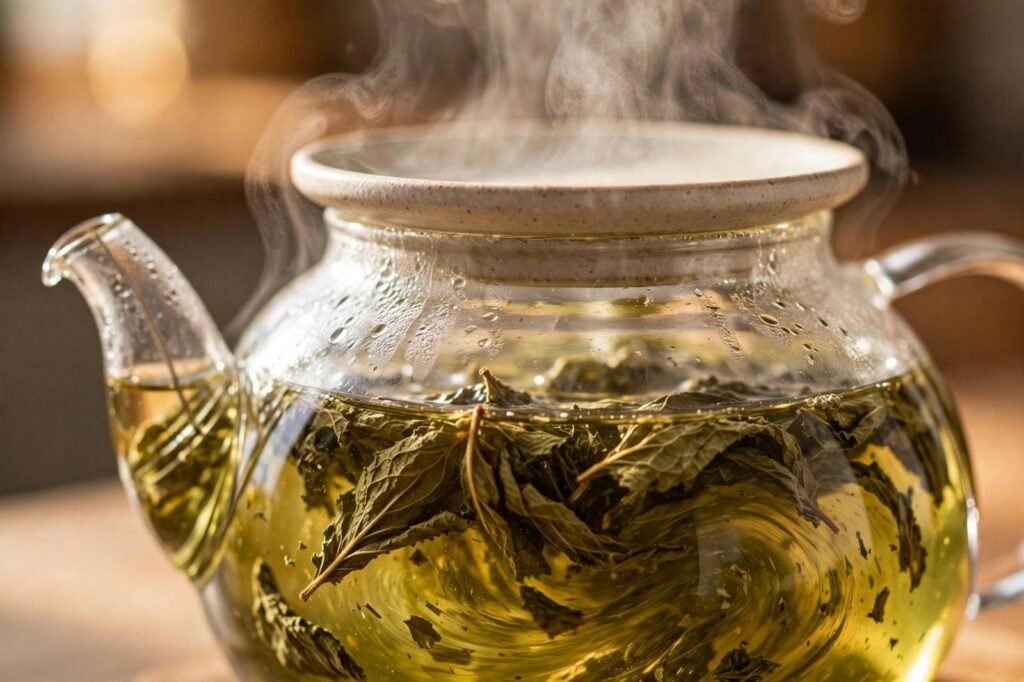 Dried peppermint leaves steeping in a covered clear glass teapot with steam rising