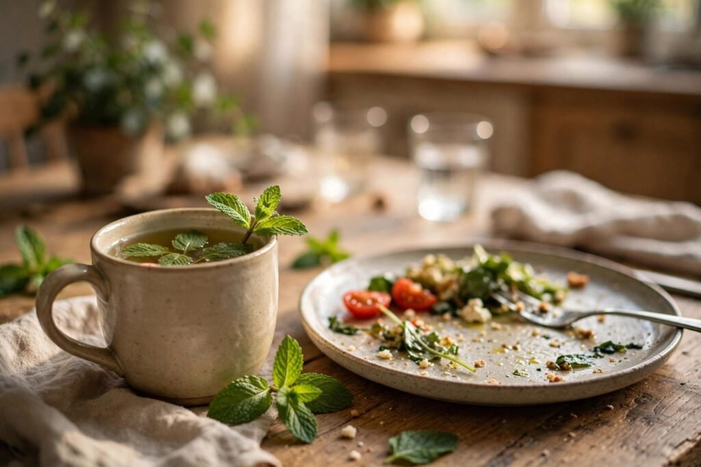 A ceramic mug of peppermint tea with fresh mint leaves beside a finished meal on a wooden table