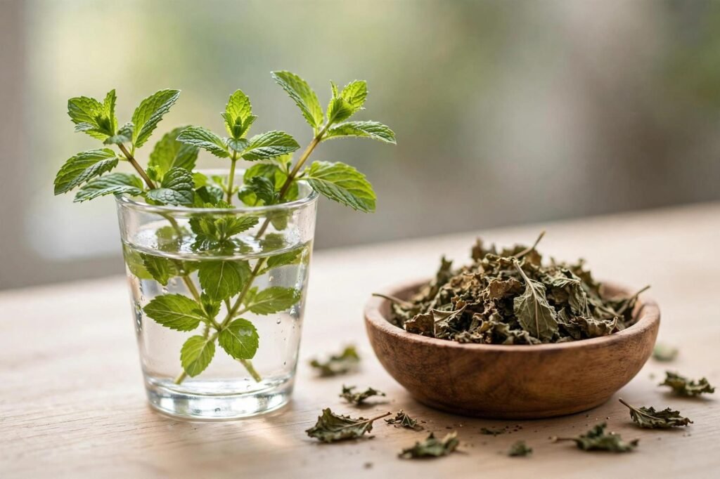 Fresh peppermint sprigs in a glass of water beside a wooden bowl of dried peppermint leaves