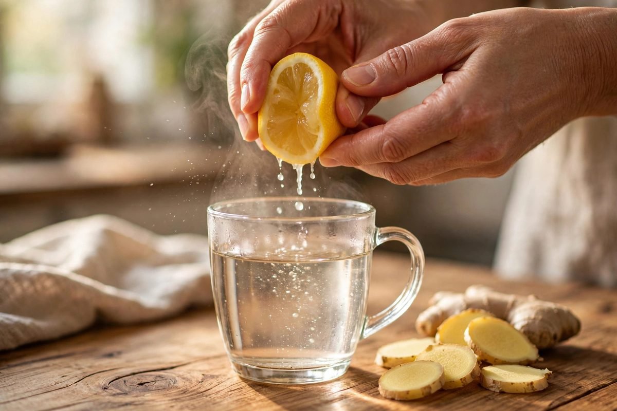 Hands squeezing a lemon half over a warm glass mug of water