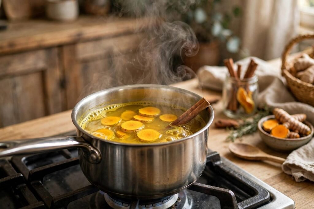 Small saucepan of turmeric tea simmering with sliced turmeric and a cinnamon stick