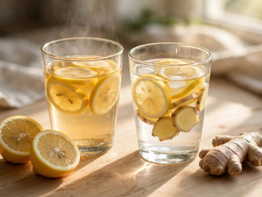Warm lemon water versus ginger lemon water side by side in two glass mugs