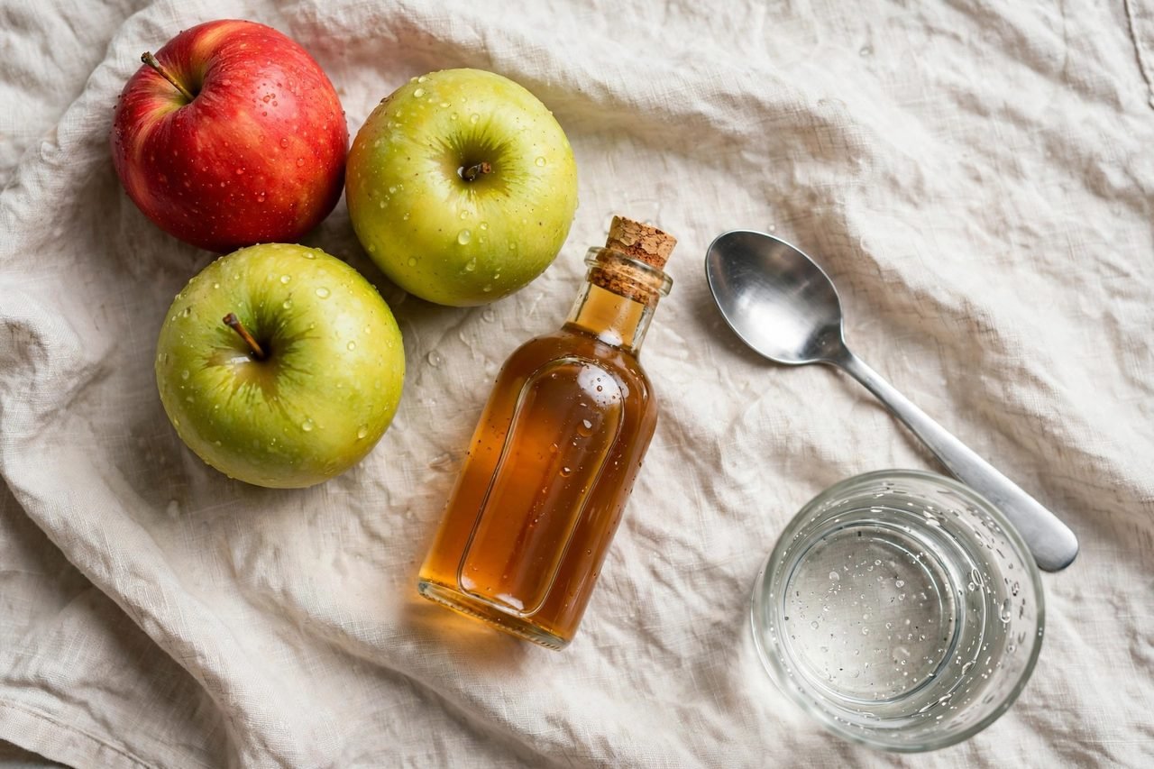Flat lay of apples, a bottle of apple cider vinegar, a tablespoon and a glass of water on a linen cloth