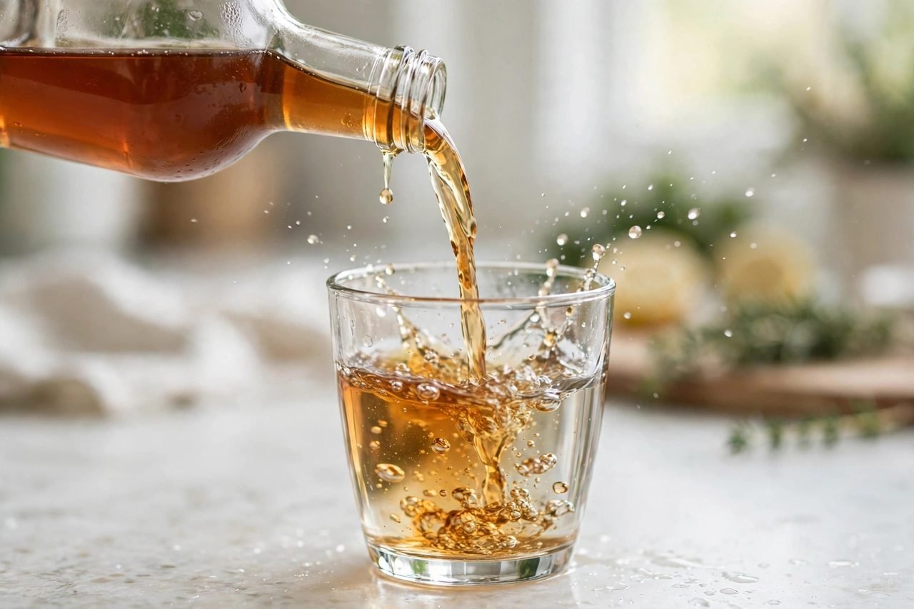 Pouring apple cider vinegar from a bottle into a glass of water